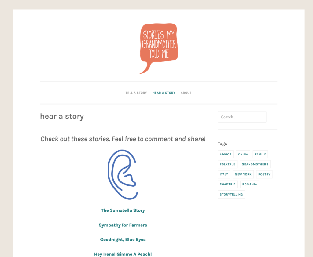Screenshot showing homepage for the site, "Stories My Grandmother Told Me". 