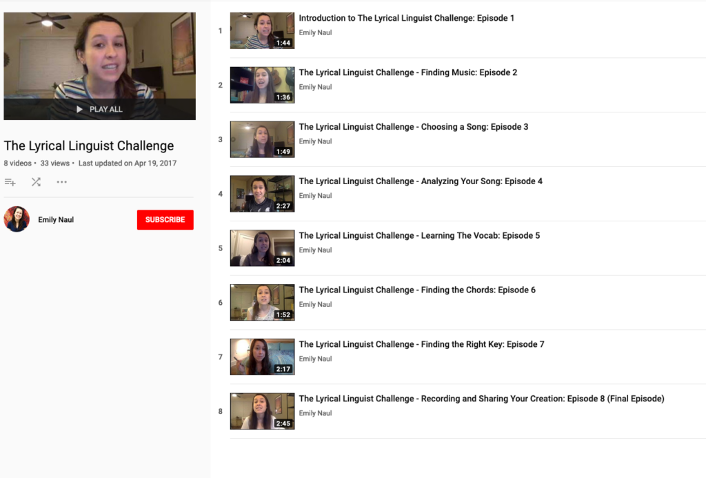 Screenshot showing "The Lyrical Linquist Challenge" YouTube Channel Playlist