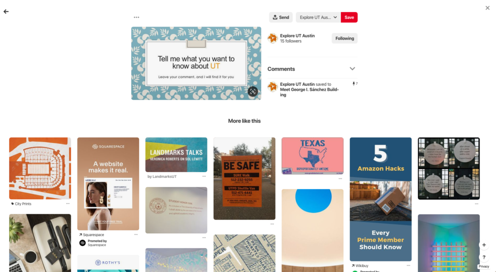 Screenshot showing "Explore UT Austin" Pinterest site.